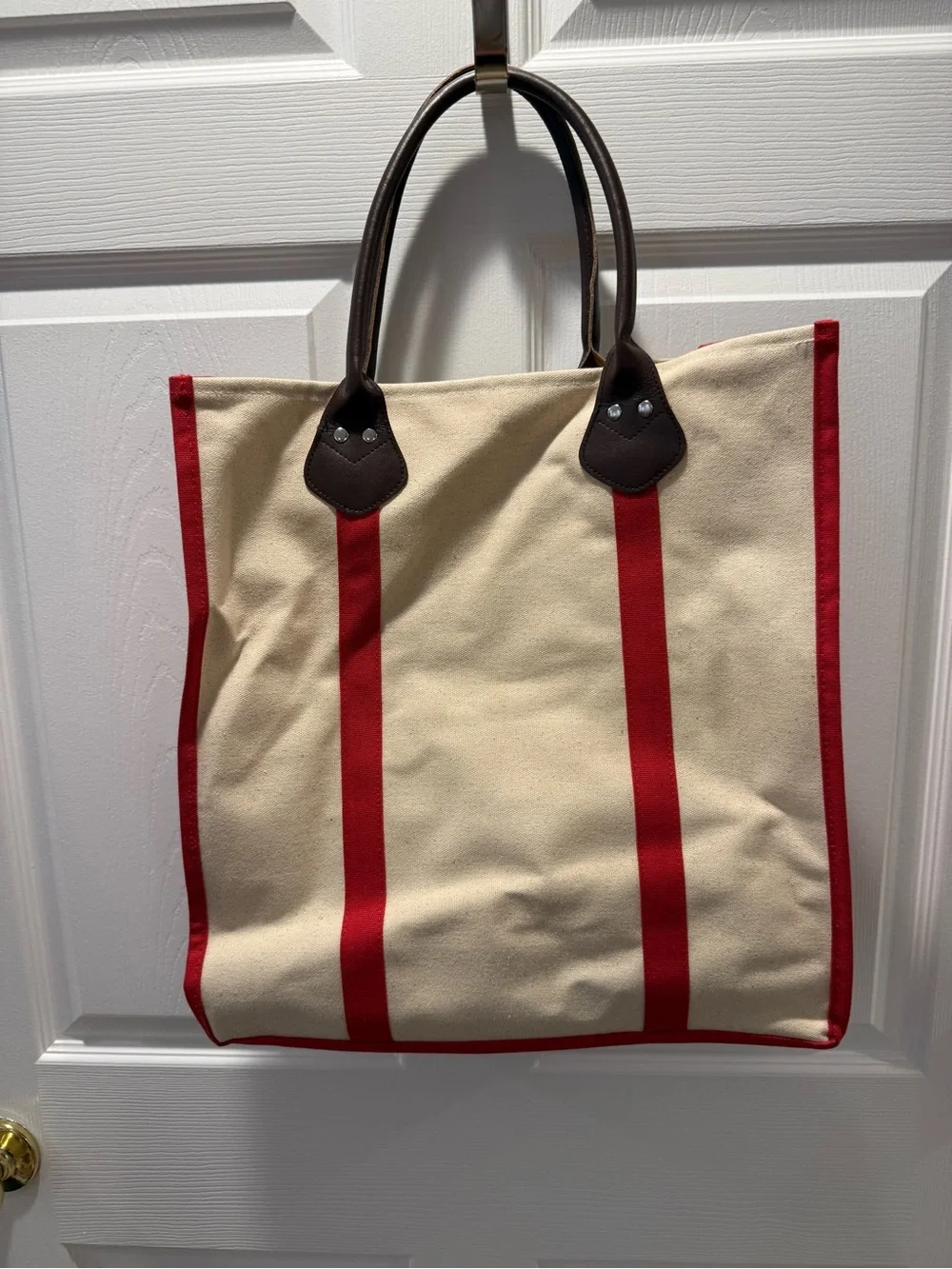Canvas Tote Bag with Red Accent and Brown Handles